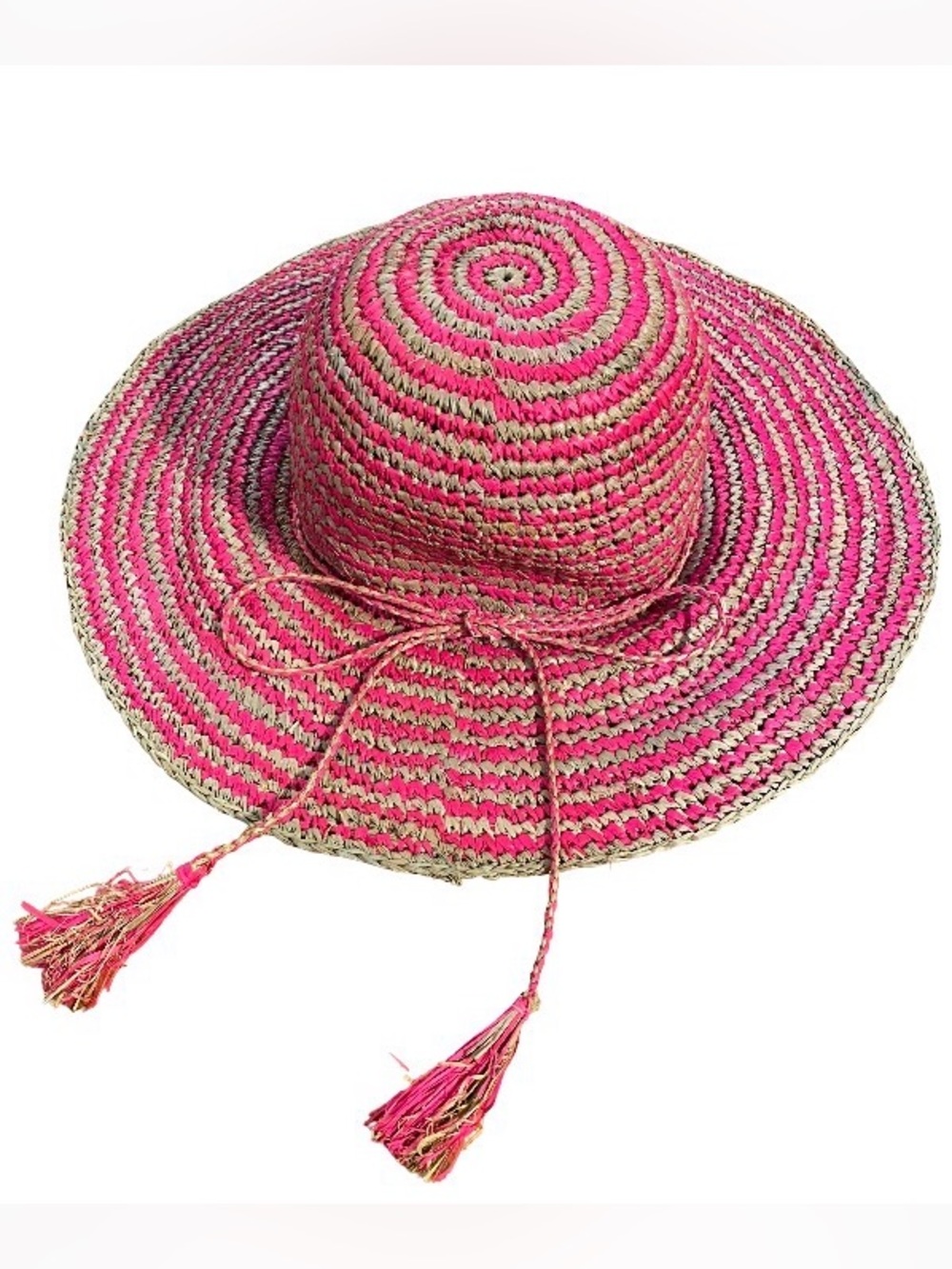 Vintage Filippo Catarzi Italian 100% raffia pink floppy tassel sun hat one size